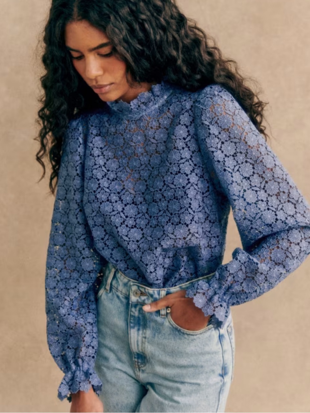 Sezane Blue Floral Lace High-Neck Blouse